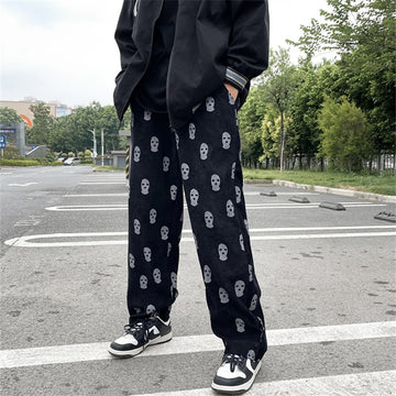 Preppy Style Skull Full Print Drawstring Casual Corduroy Men Baggy Pants Hip Hop Straight Sweatpants Male Loose Trousers